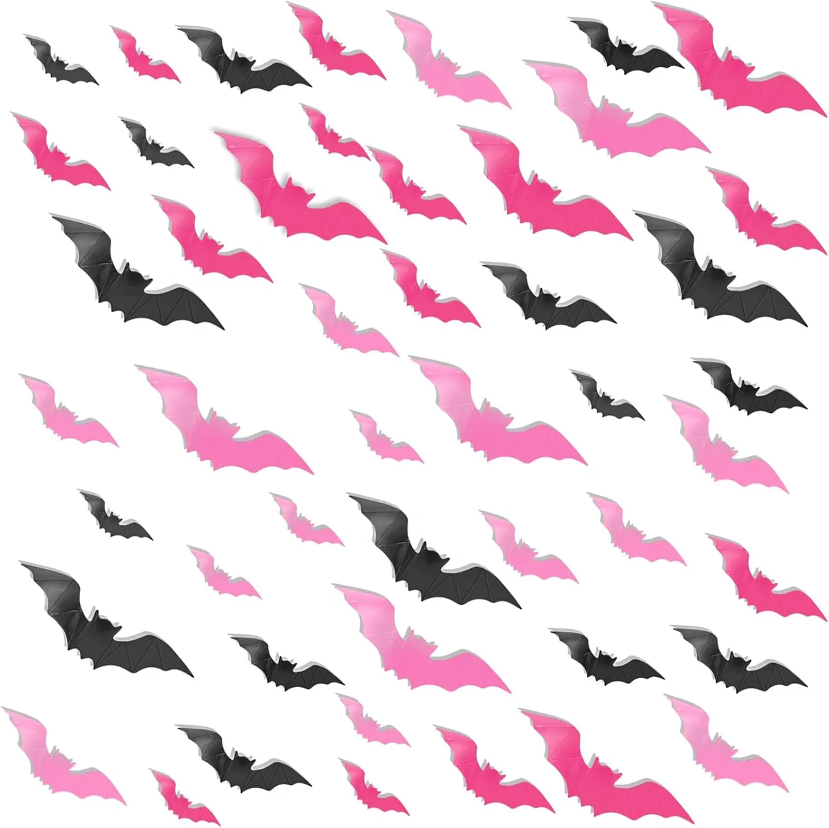 Pack of 48 three-dimensional pink PVC bat wall stickers in assorted sizes, designed to be arranged in a flying swarm pattern across an interior wall as Halloween or year-round gothic decor