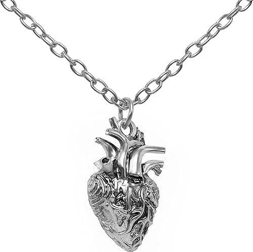 Silver stainless-steel pendant necklace shaped as a medically accurate 3D human heart, showing the aorta, ventricles and vessels in detailed relief, hanging from a matching chain