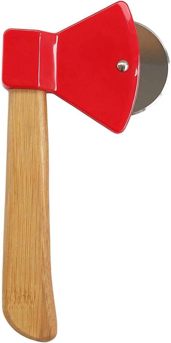 Novelty pizza cutter shaped like a small hand axe with a bamboo wood handle and a sharp rotating stainless steel circular blade mounted at the head, designed as a hatchet-style kitchen tool for slicing pizza