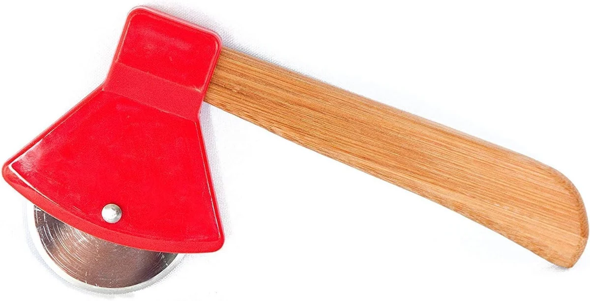 Axe-shaped pizza cutter with metallic handle and blade