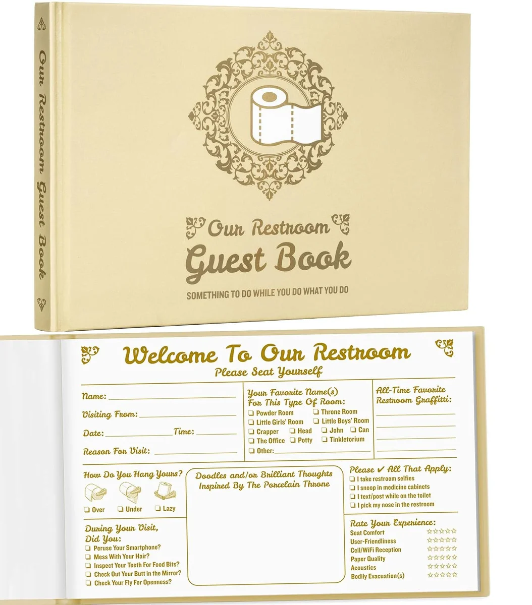 Hardcover novelty Bathroom Guest Book with a cream cover and bold title, designed as a joke housewarming gift for guests to sign after using the host's bathroom