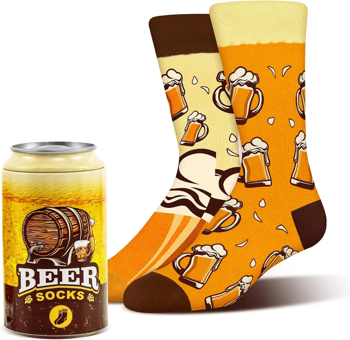 Novelty socks printed with beer, coffee, and orange juice can designs