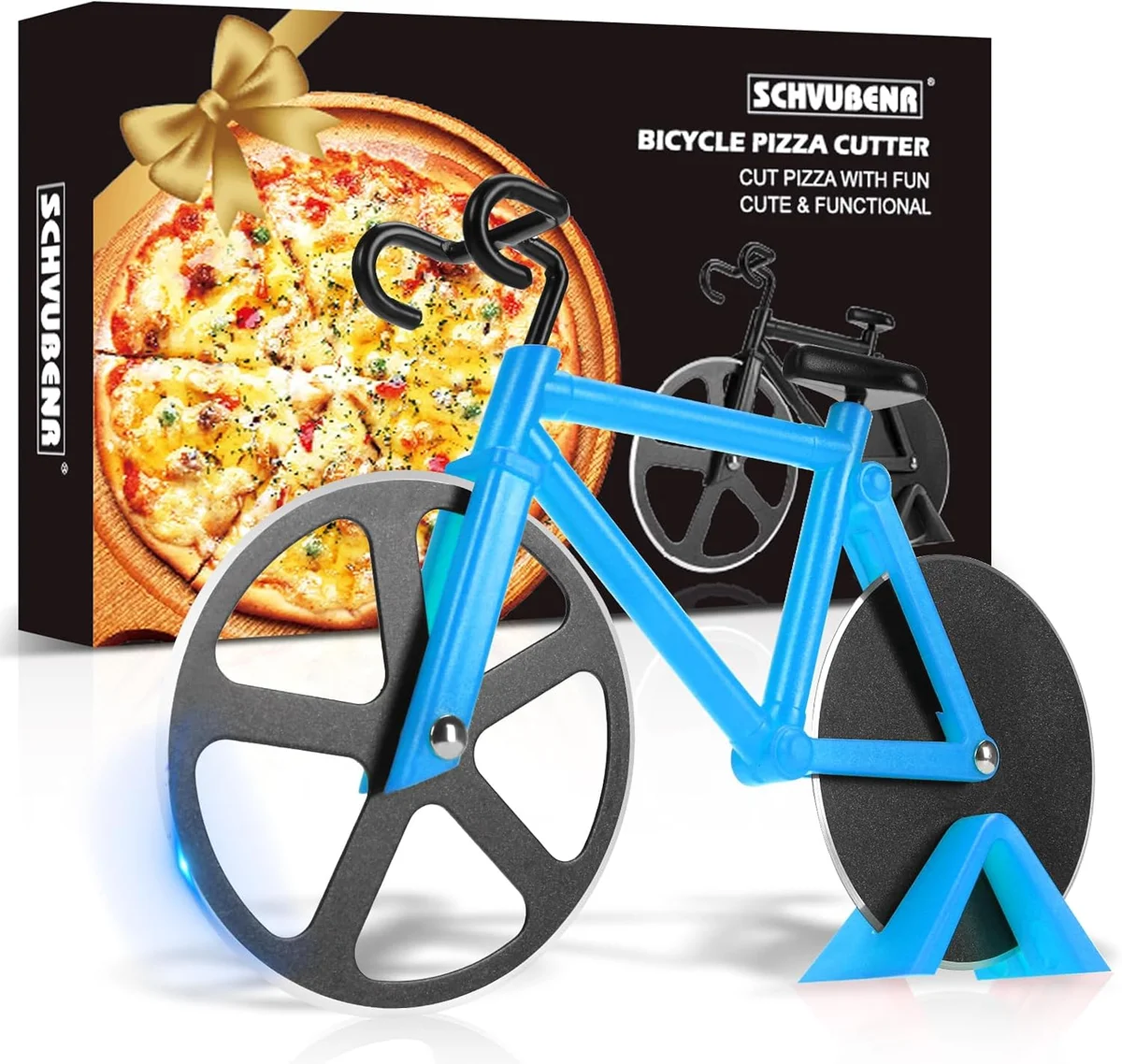 Bicycle wheel-shaped pizza cutter in stainless steel with blue accents
