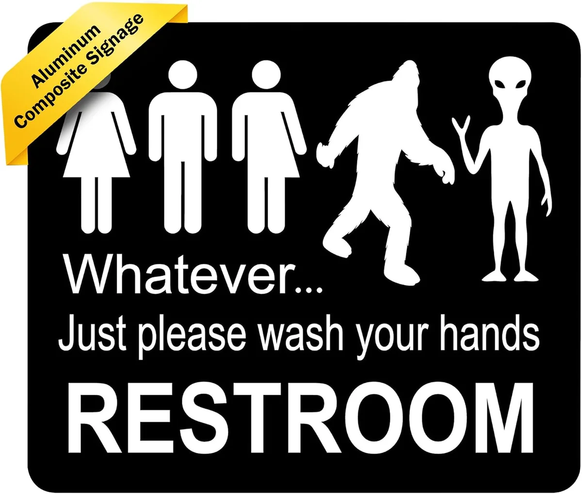 Novelty bathroom sign with Bigfoot and alien illustration and wash your hands message