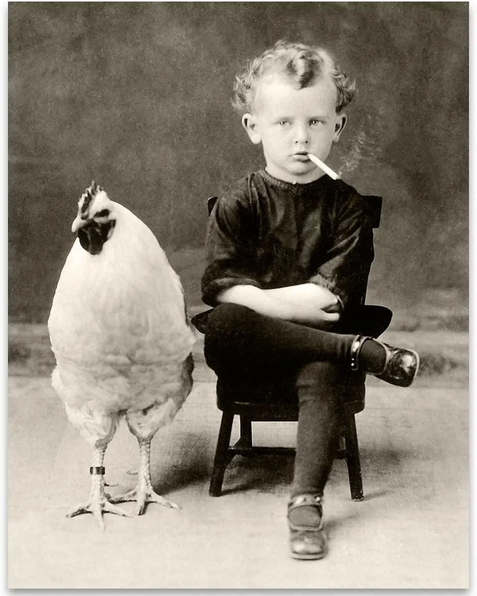 Vintage-style poster of a boy standing beside an oversized chicken
