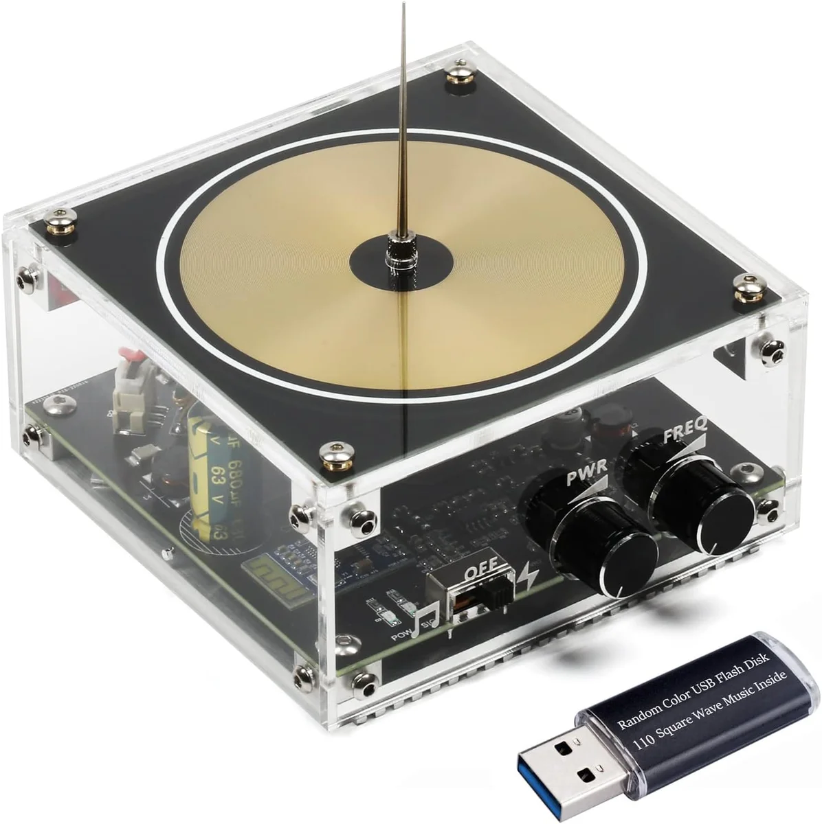 Desktop SSTC Tesla coil plasma arc speaker with visible electrical arcs playing music via Bluetooth