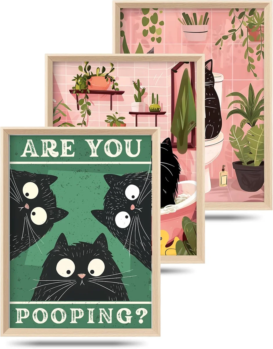 Three wooden-framed bathroom-themed funny cat art prints