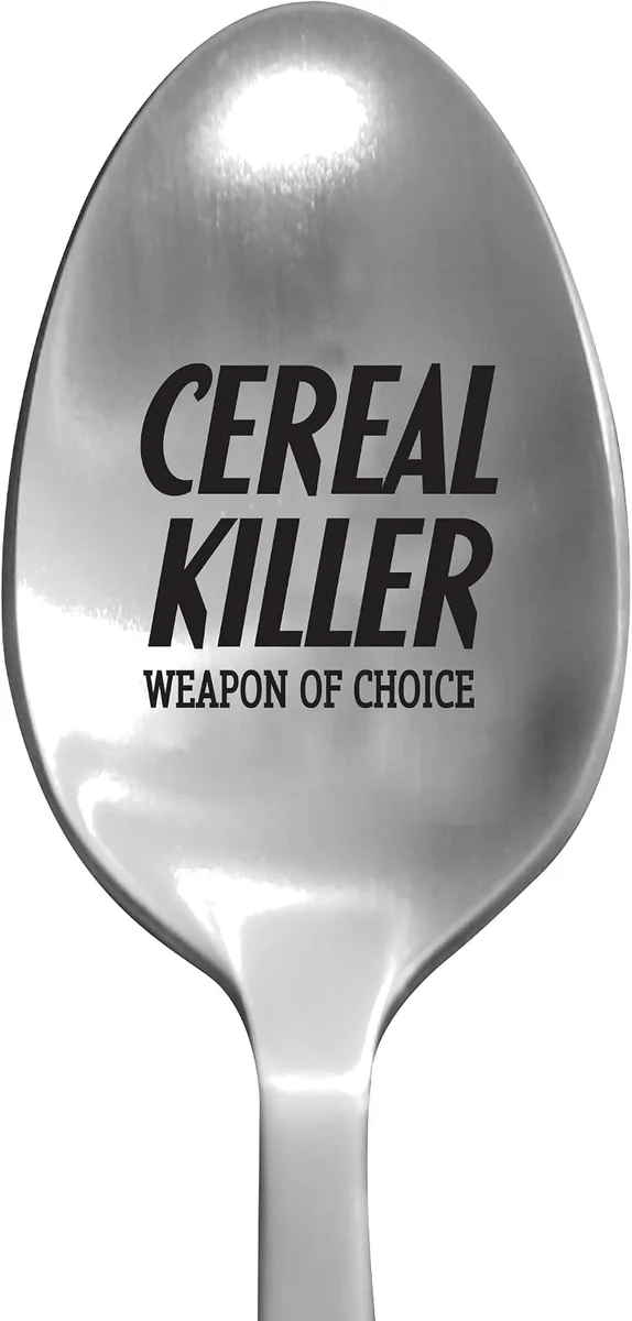 Stainless steel spoon with laser-engraved 'Cereal Killer' text on the handle