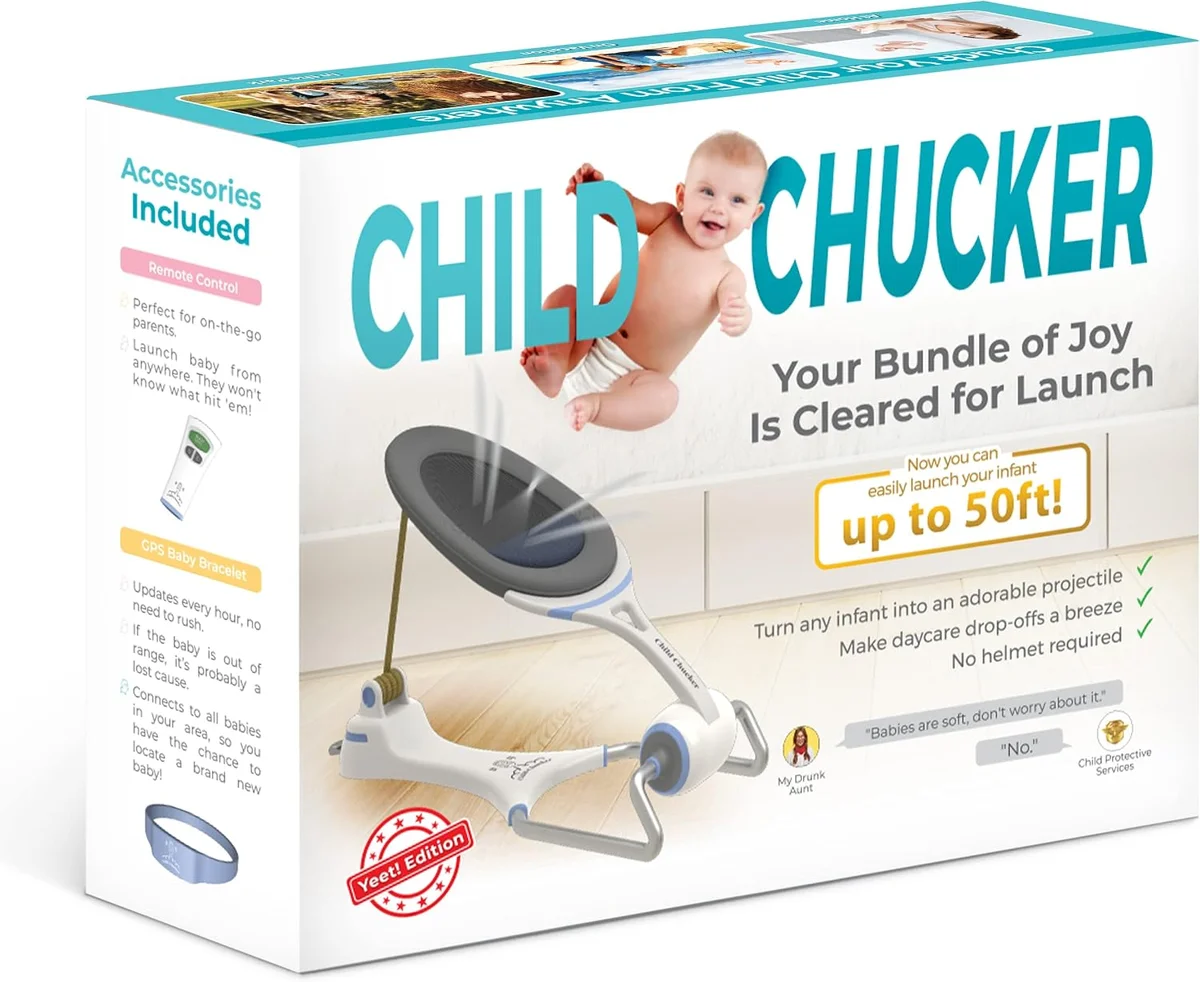 Novelty prank gift box printed with fake 'Child Chucker' product packaging