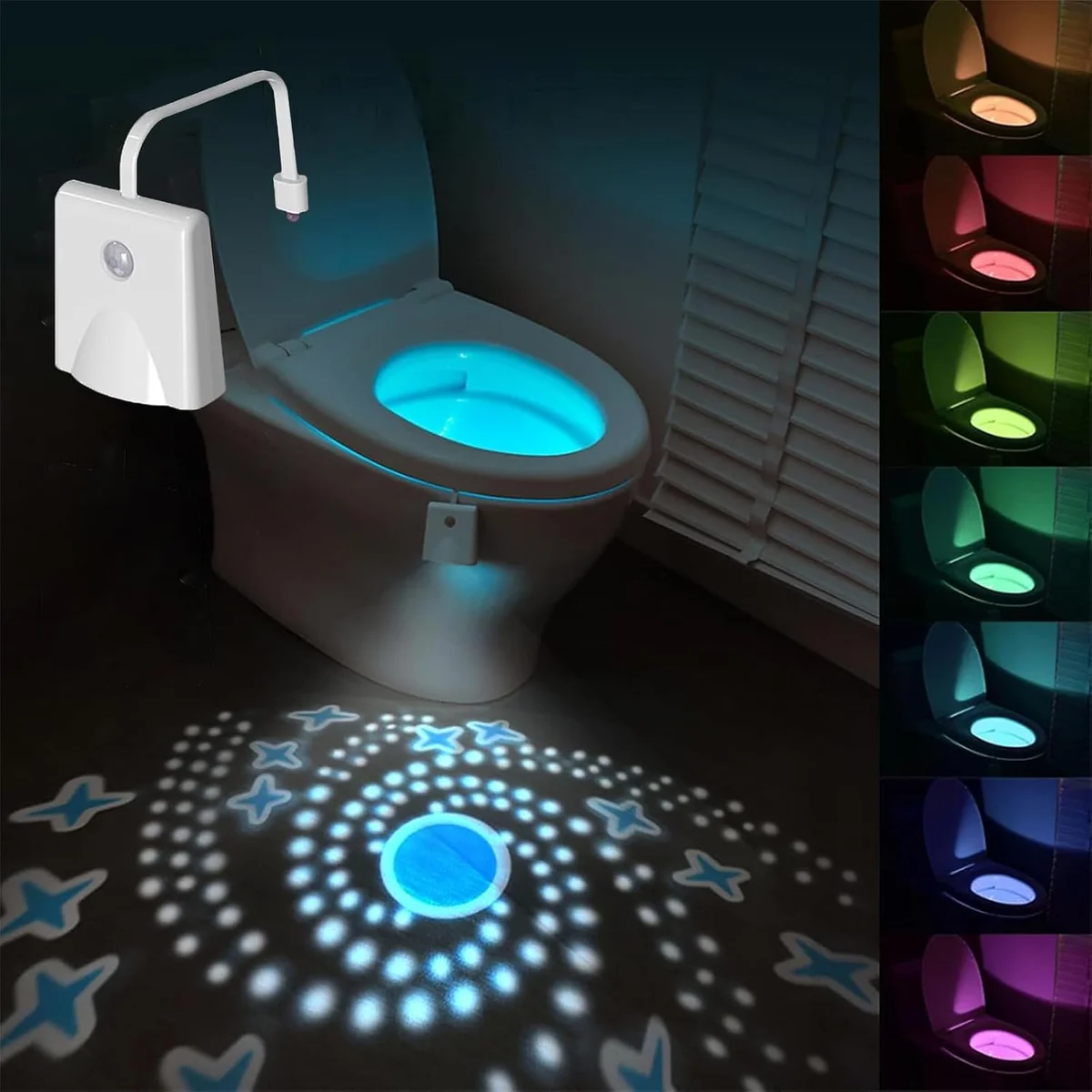Color-changing toilet light with motion sensor and star projection illuminated in various colors