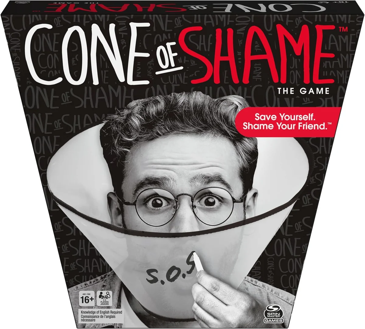 Spin Master Cone of Shame party game box and components