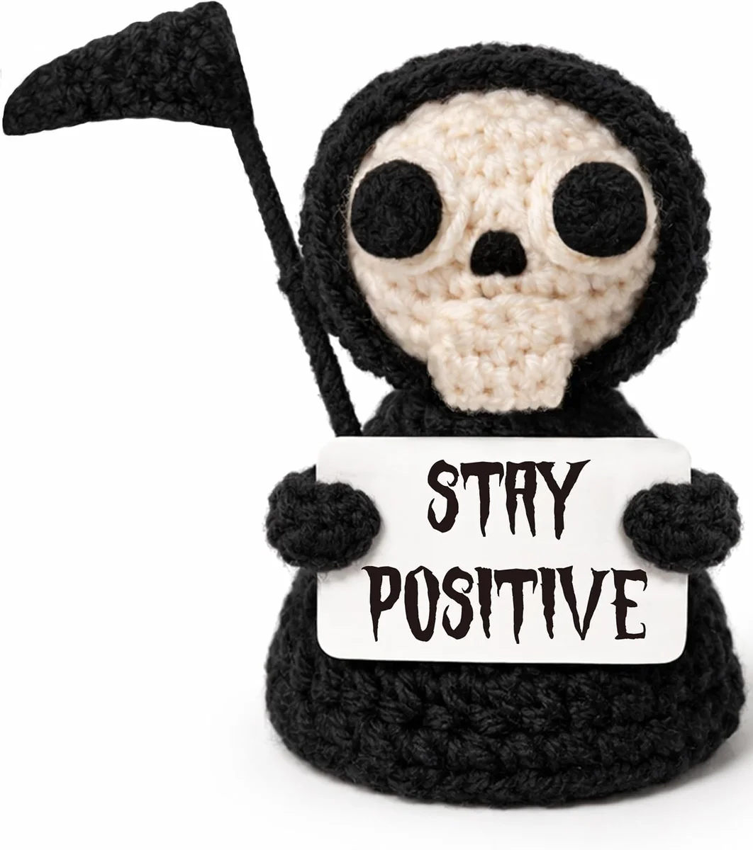 Handmade crocheted grim reaper plush in white and black