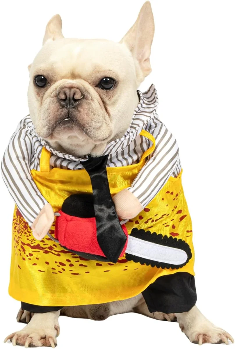 Yellow chainsaw-themed dog costume with adjustable straps for medium-sized dogs