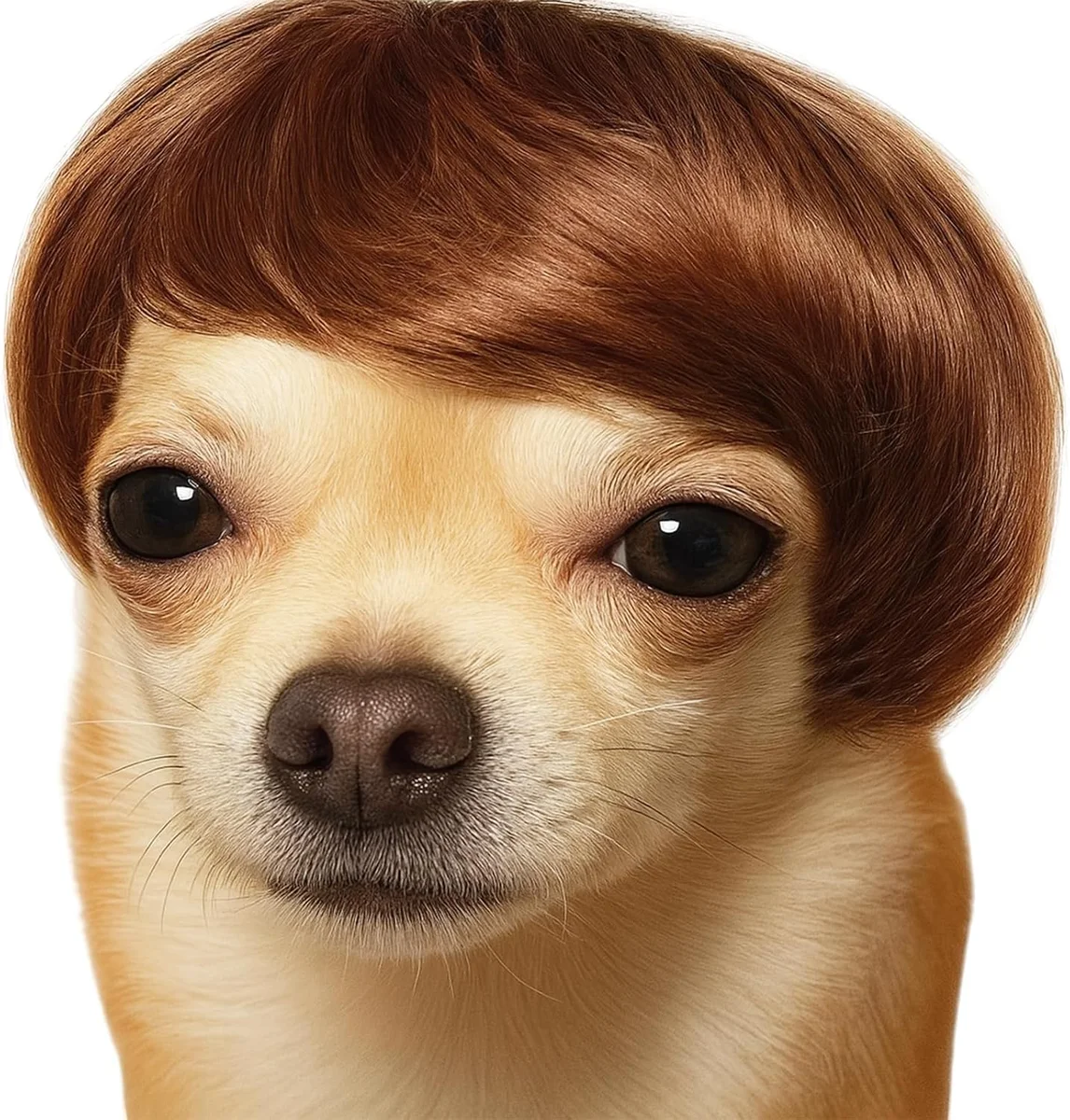 Small synthetic pet wig styled with long wavy hair, sized for dogs or cats, shown as a costume accessory intended to be strapped onto a pet's head for Halloween, Christmas, or party photos