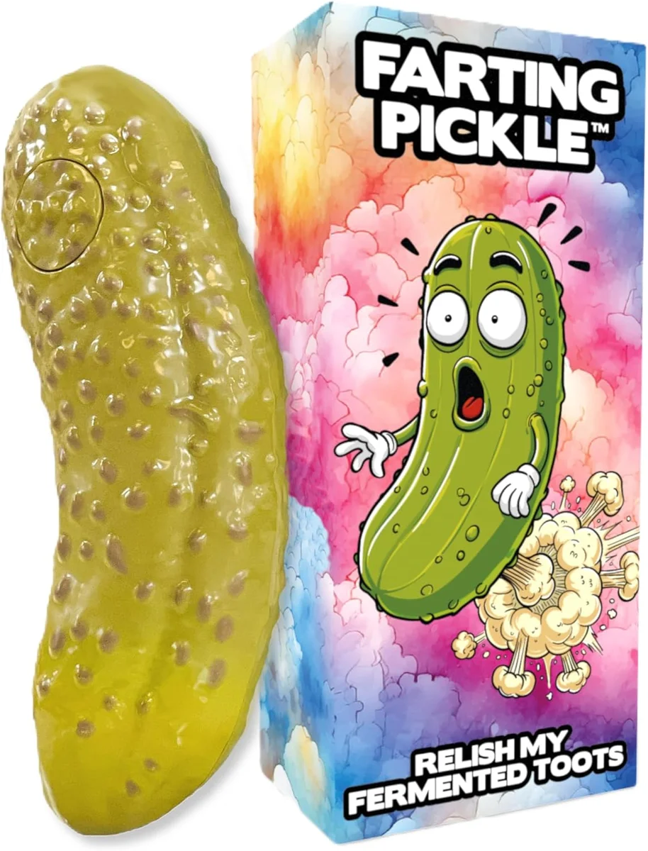 DR DINGUS Farting Pickle Toy, a green cartoon pickle-shaped novelty toy with a smiling face, arms and legs, packaged as a gag gift that plays 100 different fart sounds