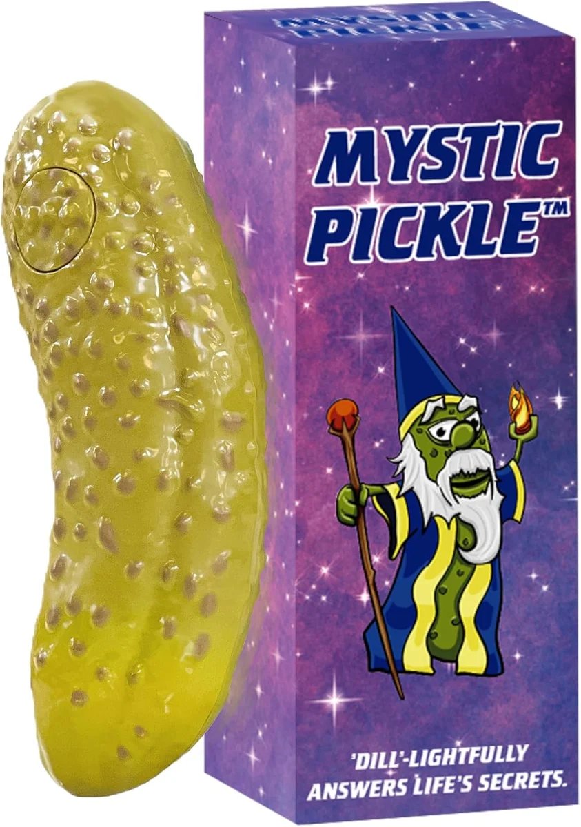 Green plastic novelty Mystic Pickle fortune-teller toy shaped like a cartoon pickle with a face, packaged as a magic 8-ball style oracle that dispenses one of 100 responses