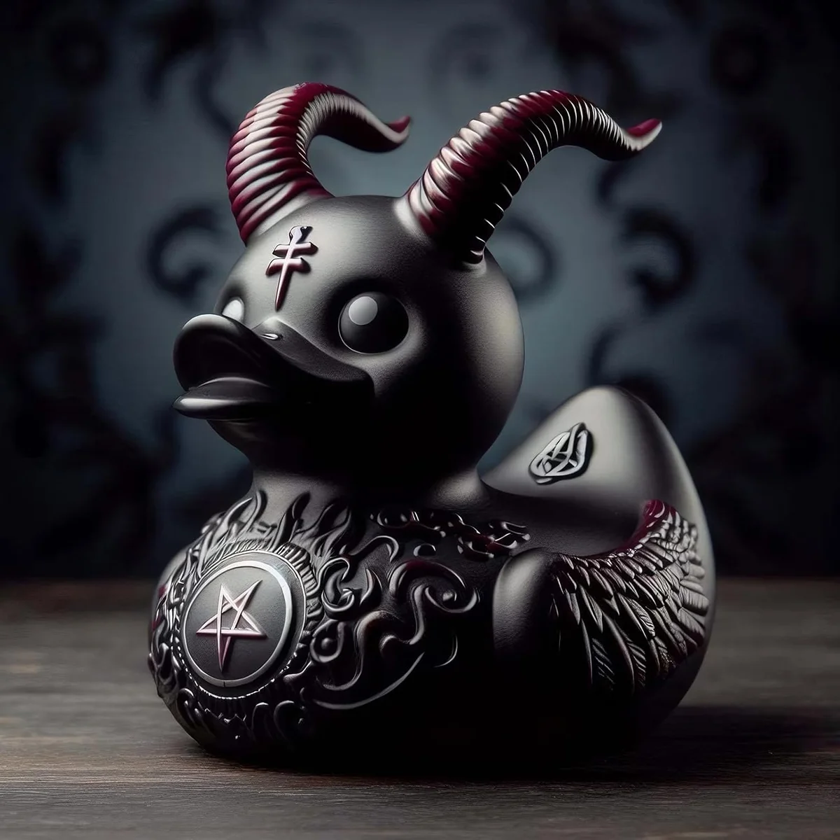 Small black resin novelty duck figurine styled as a gothic Satan duck, with red devil horns, glowing red eyes, and a dark matte body, posed upright as a desktop or Halloween decor ornament