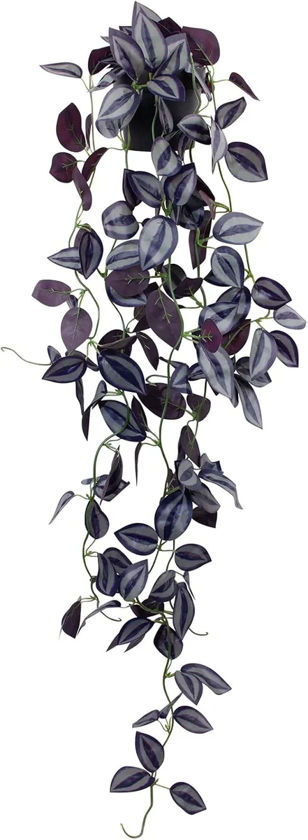 Artificial hanging plant with eyebrow-shaped foliage in dark coloring, suspended in black pot