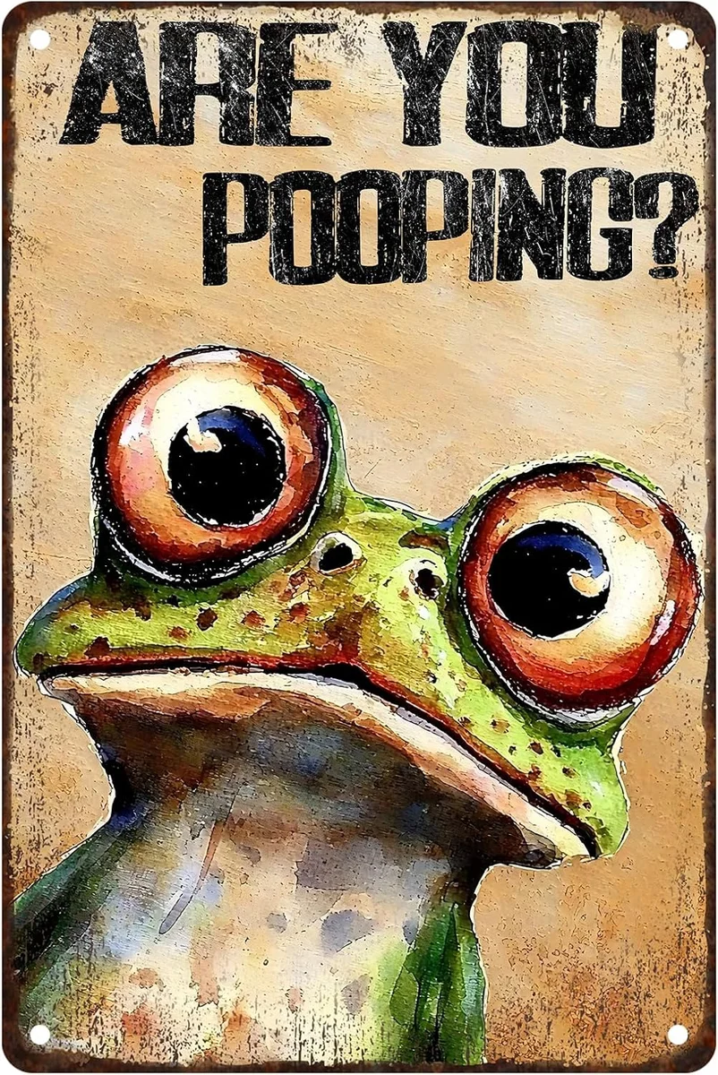 Metal bathroom sign with frog design asking about bathroom use