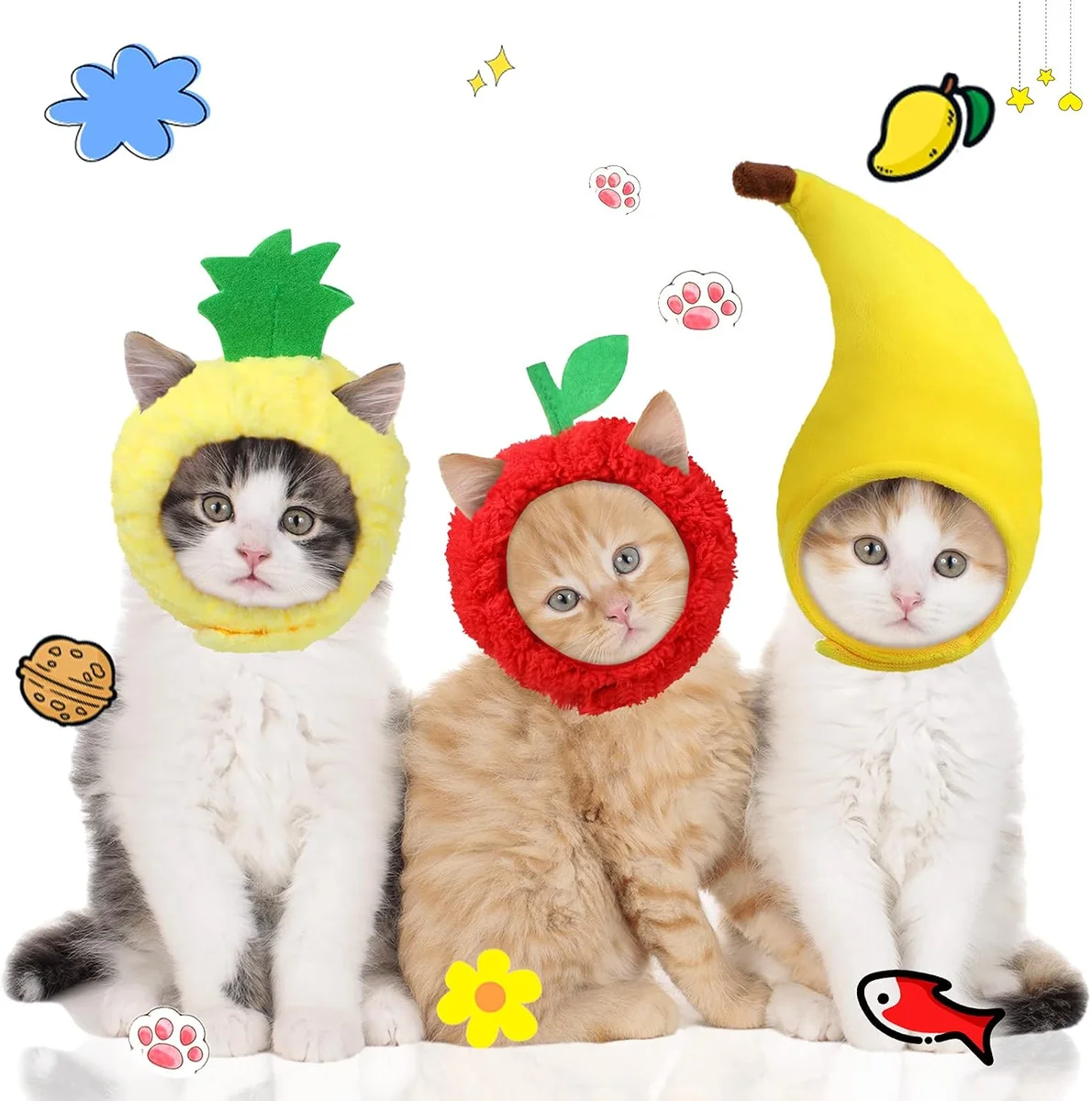 Frienda fruit-shaped cat hats in banana, pineapple, and apple designs