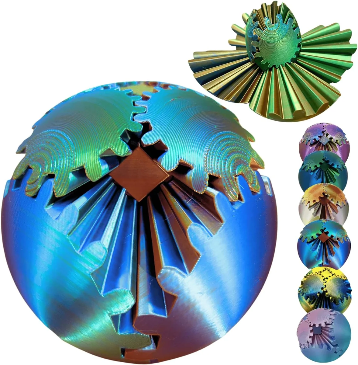 Blue and gold 3D-printed spherical fidget toy made of dozens of interlocking gears that mesh together across the surface of the ball, sized to fit in one hand