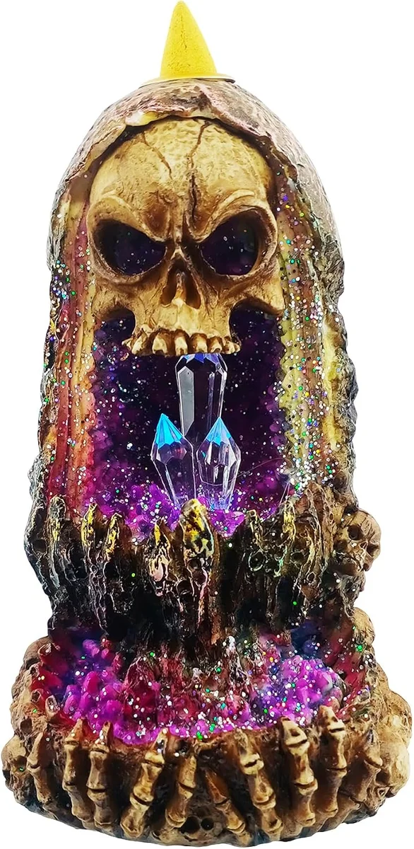 Crystal geode-textured skull with LED backflow incense burner