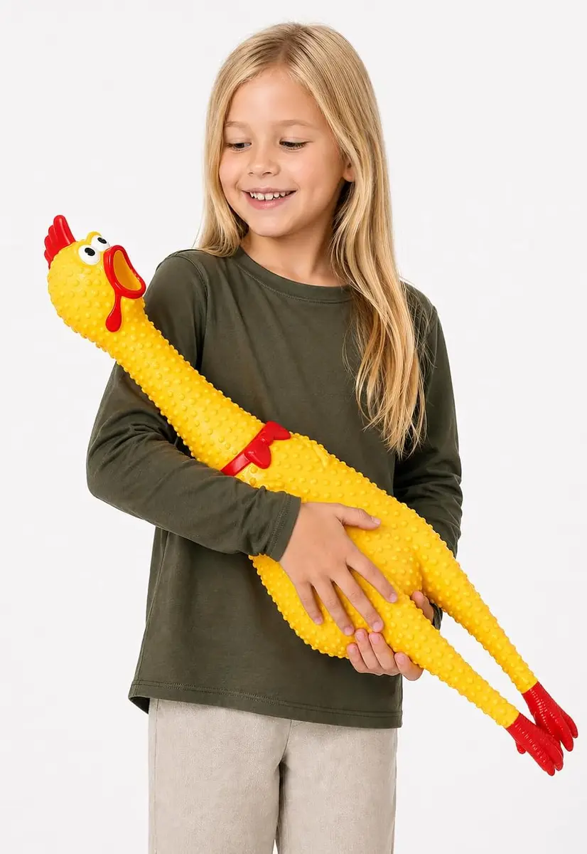 Large yellow rubber chicken novelty toy, 29 inches