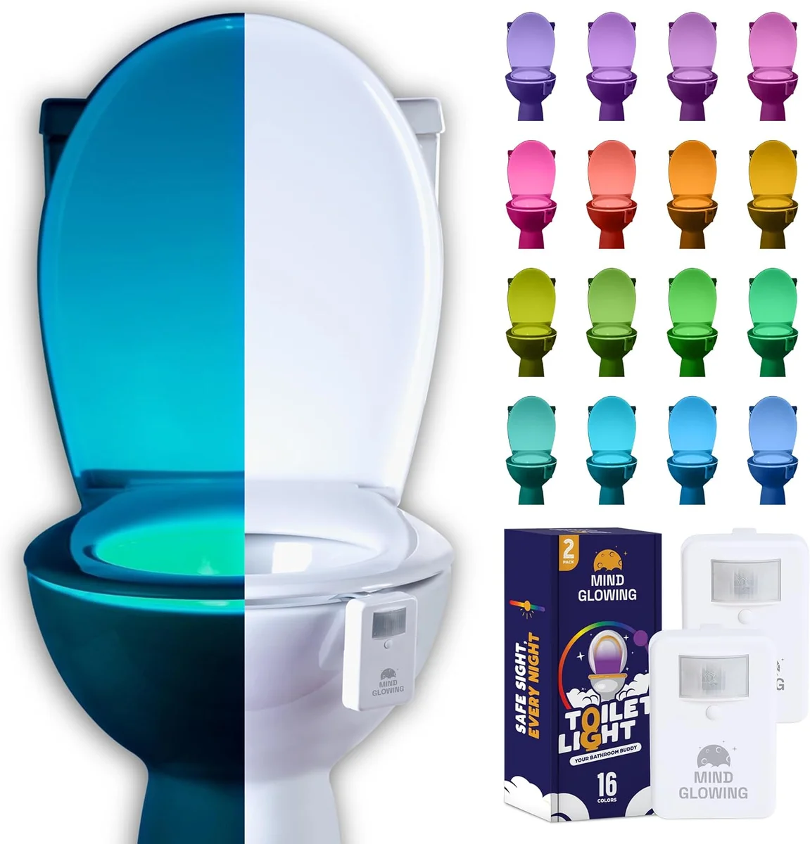 LED toilet bowl light glowing in multiple colors beneath toilet seat
