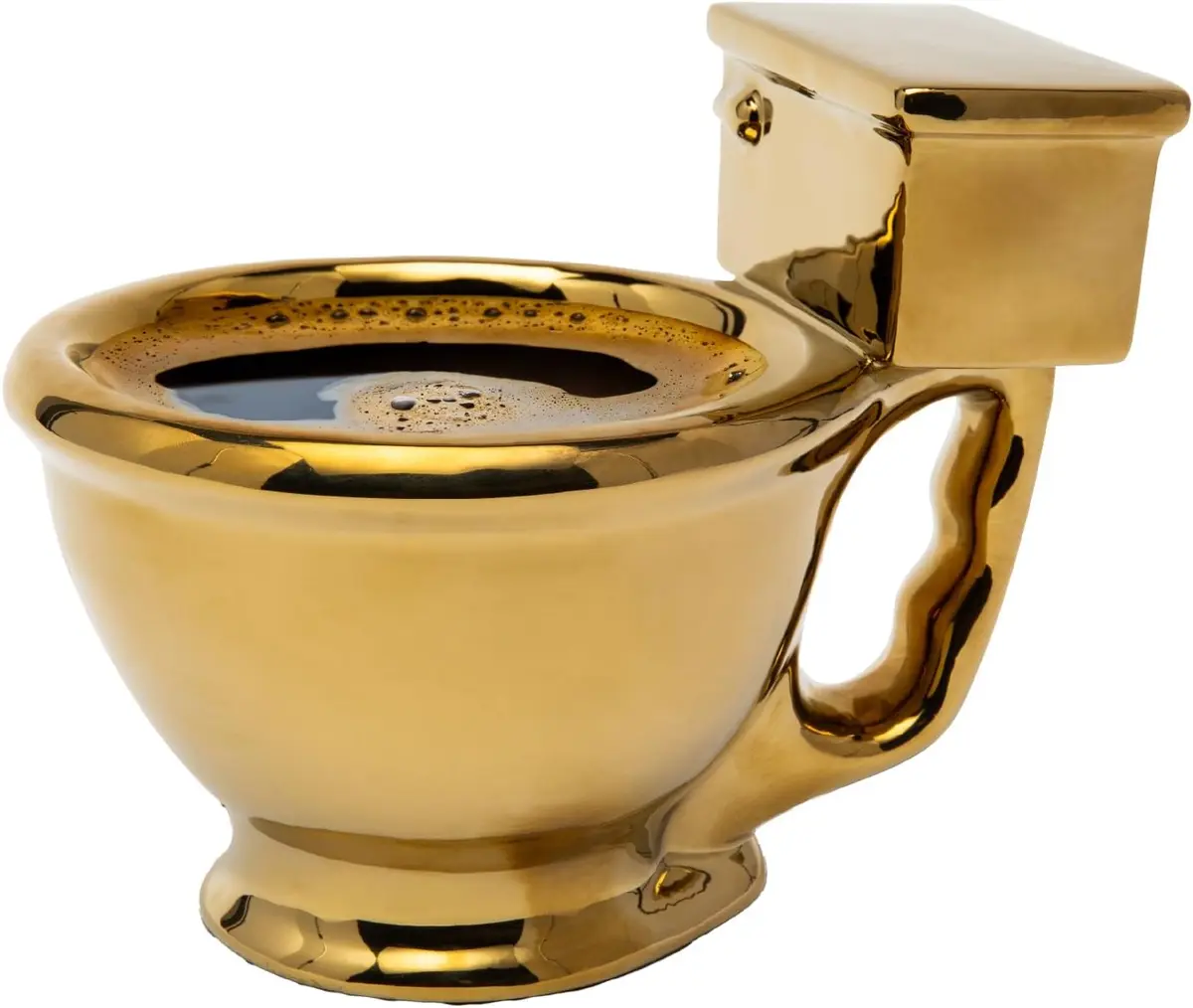 Gold-tone ceramic mug shaped like a toilet bowl