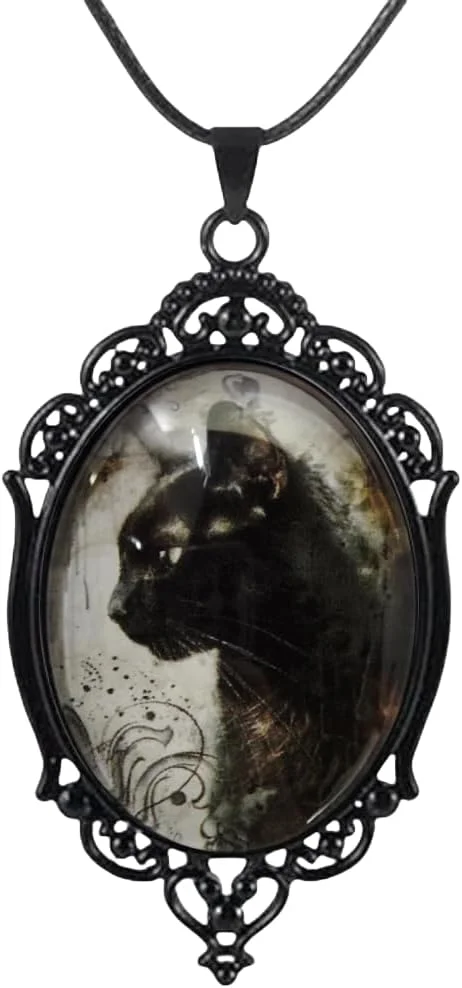 Gothic-style choker necklace set featuring an oval cameo pendant with a black cat silhouette on a pale background, framed in ornate dark metal, styled with matching Halloween witch costume accessories