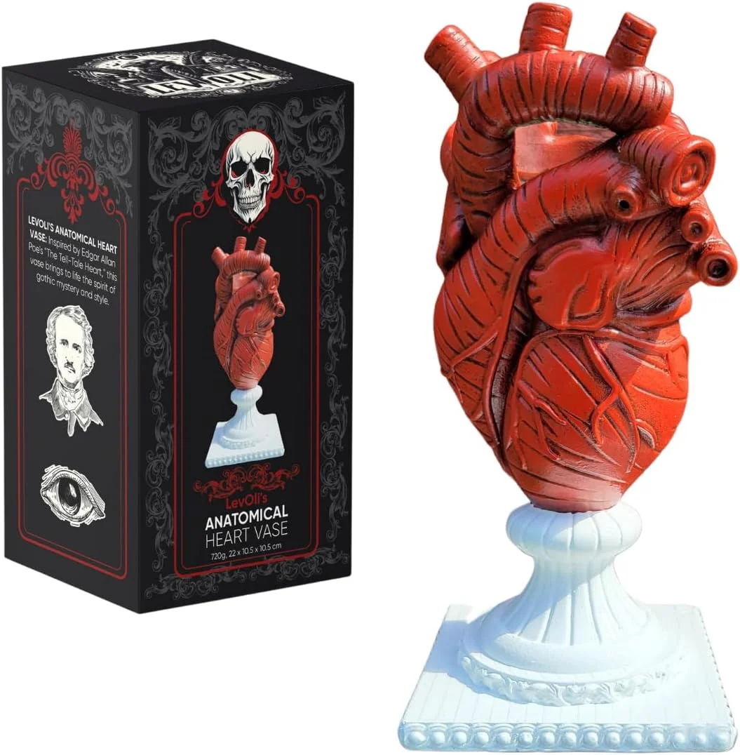 Large ceramic vase sculpted as an anatomically detailed human heart with visible ventricles, arteries and veins, glazed in dark muted tones with a top opening at the severed aorta sized to hold flower stems, styled as gothic Halloween home decor