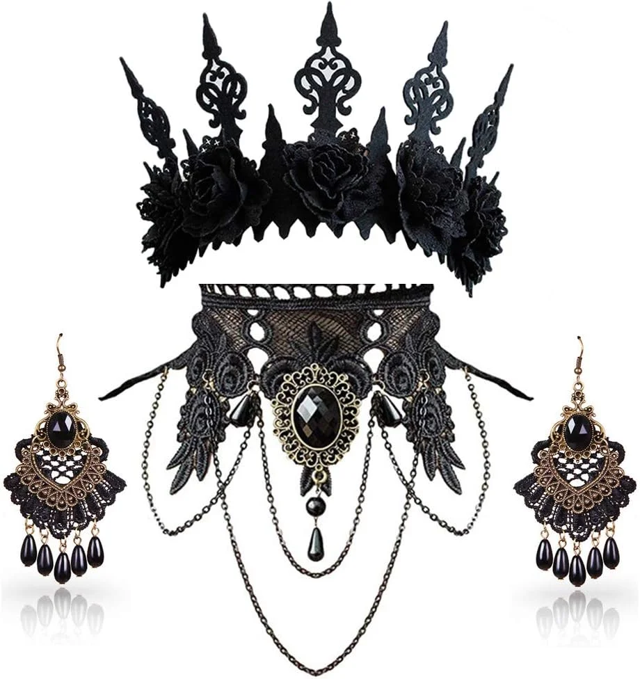 Gothic costume accessories set with vampire crown headband, punk snake collar, choker necklace, earrings and bracelet