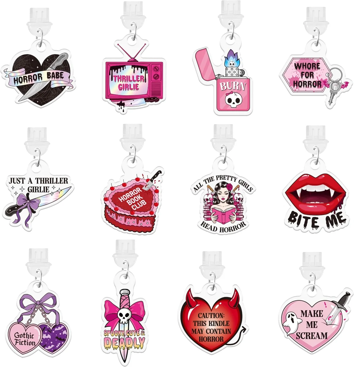 Twelve pink and black gothic dust plug charms for USB-C charging ports