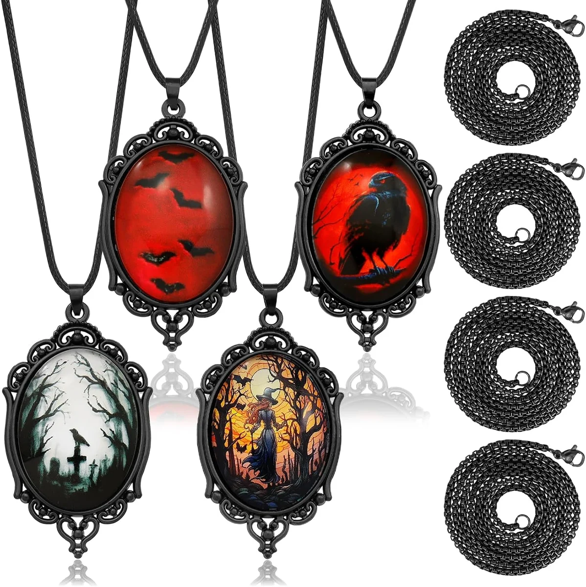 Set of eight gothic costume necklaces on black stainless steel chains, featuring a cameo choker, black bat and crow pendants, cross pendants, and blood-vial vampire charms, arranged together as a grab-bag lot