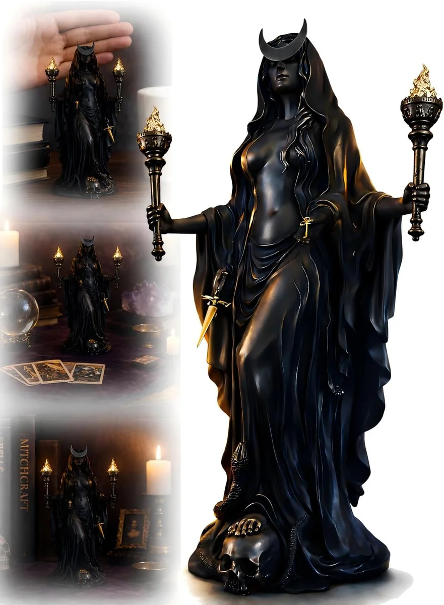 Resin figurine of Hecate, the Greek goddess of the underworld and witchcraft, depicted as a robed hooded woman holding a lit torch in each hand, in a dark antiqued finish for use on an altar or as gothic pagan home decor