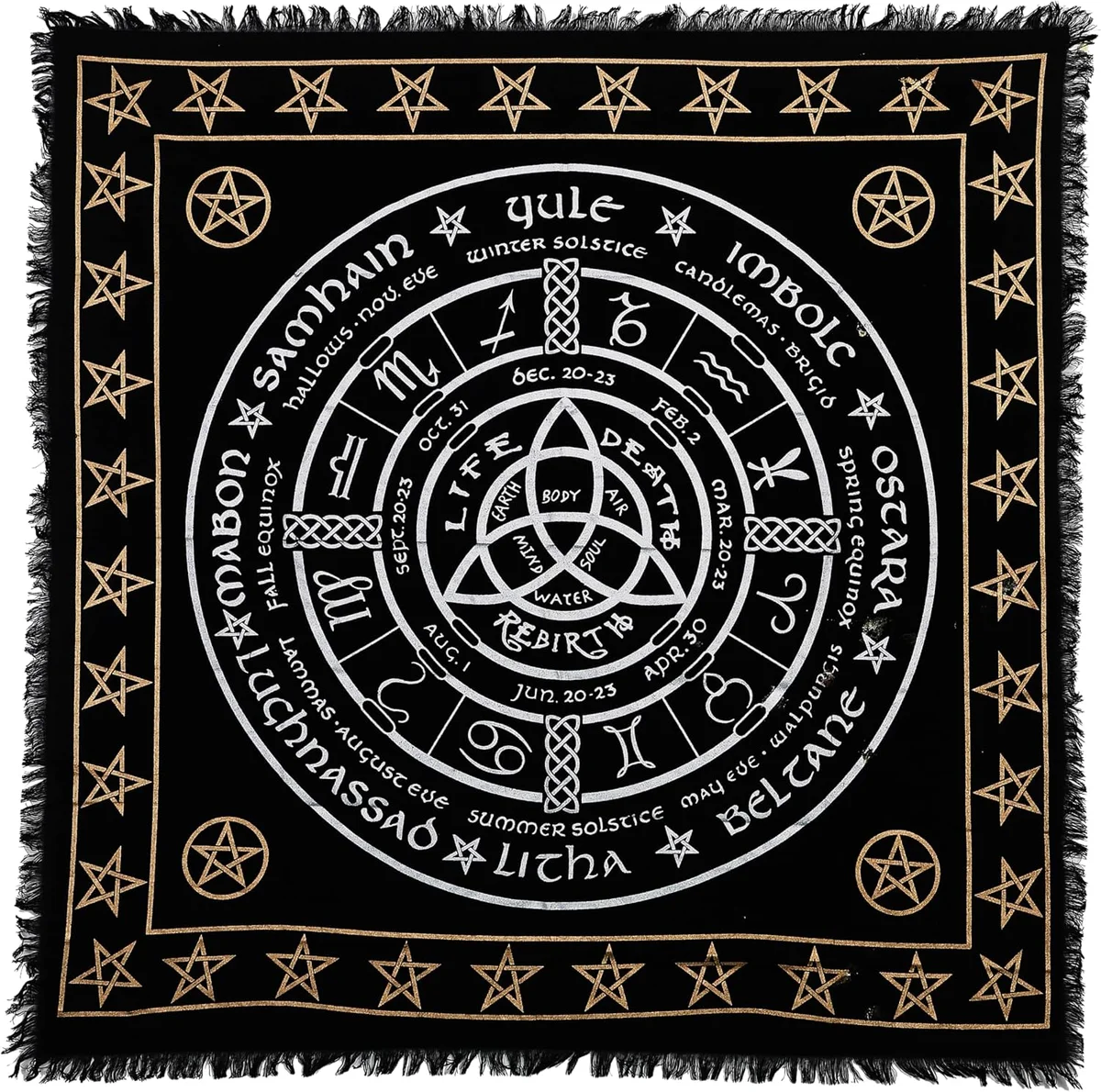 Black square altar cloth with white pagan wheel and occult symbols for tarot and spiritual practice, 36 inches by 36 inches