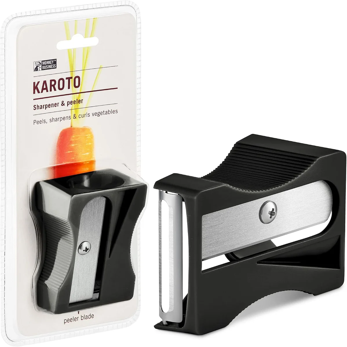 Black carrot-shaped vegetable peeler with sharpening blade