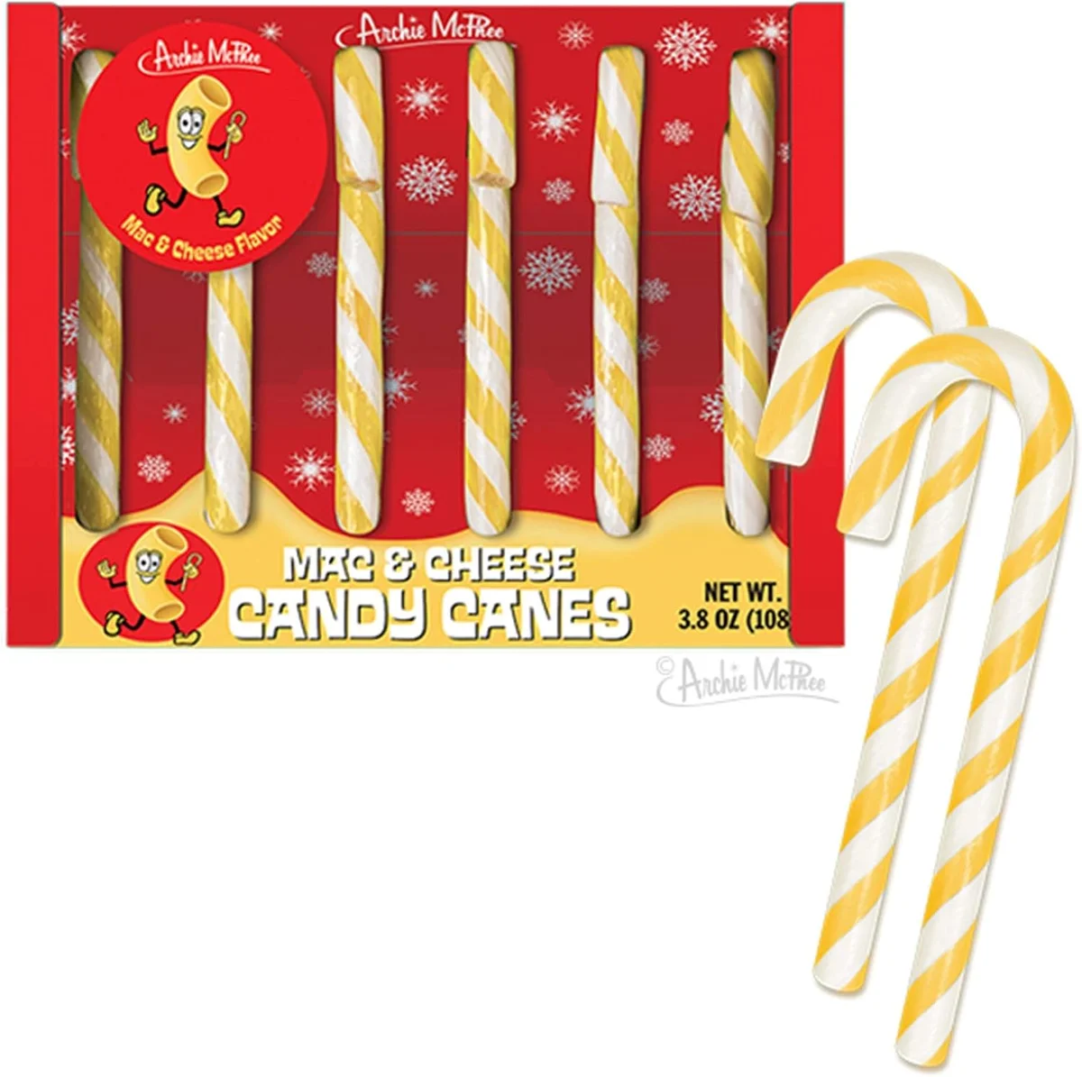 Mac and cheese flavored candy canes in holiday packaging