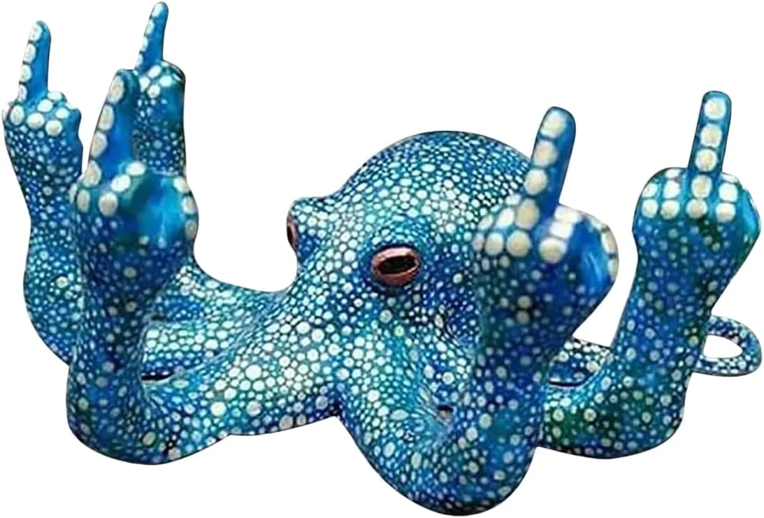Small blue ceramic octopus figurine posed sitting upright with one tentacle raised in a middle-finger gesture, marketed as a novelty decoration for aquariums, gardens, shelves, and desks
