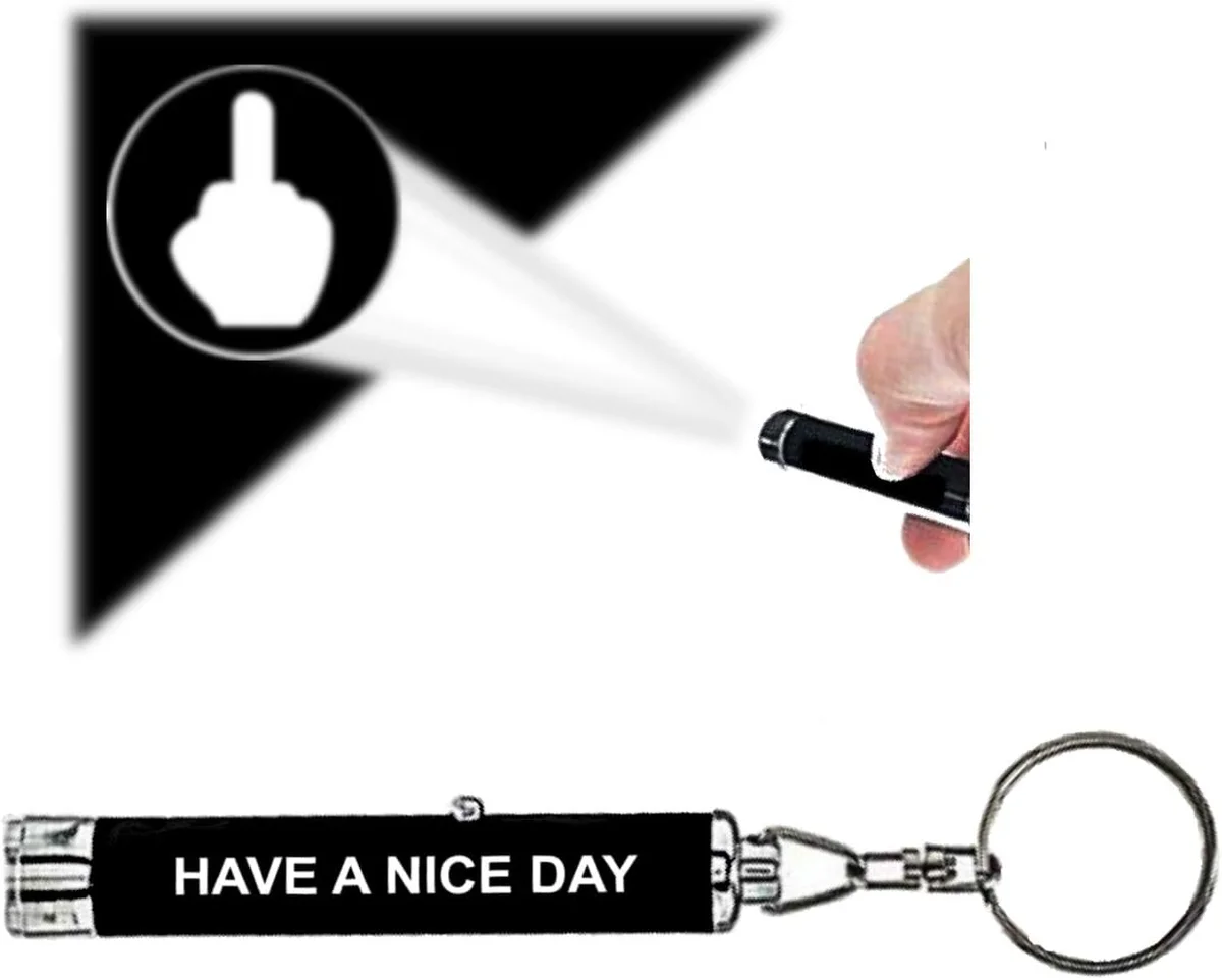 Small LED keychain that shines a middle finger silhouette as a projected light image