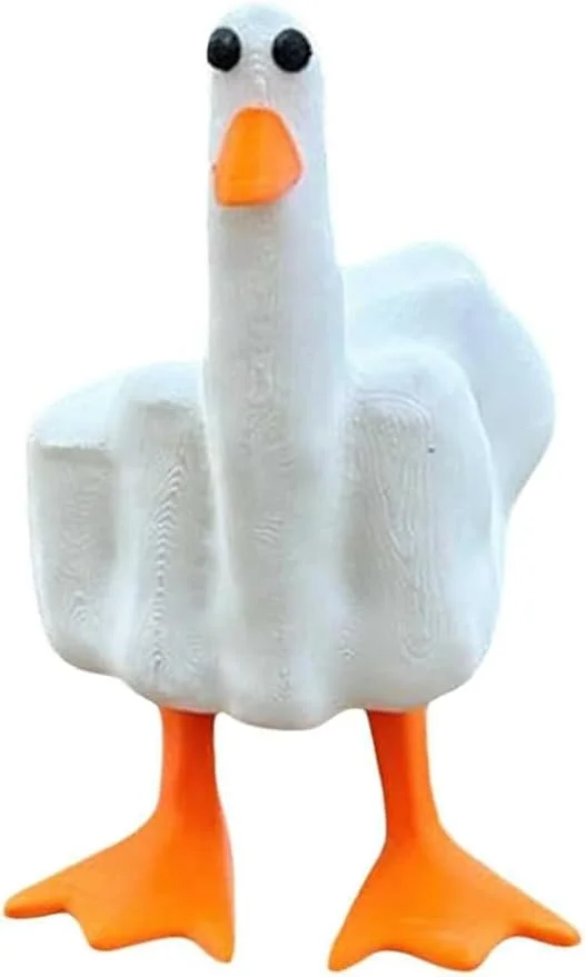 Small resin garden statue sculpted as a stone-gray closed fist raising a single middle finger, mounted on a flat base for desk or garden display