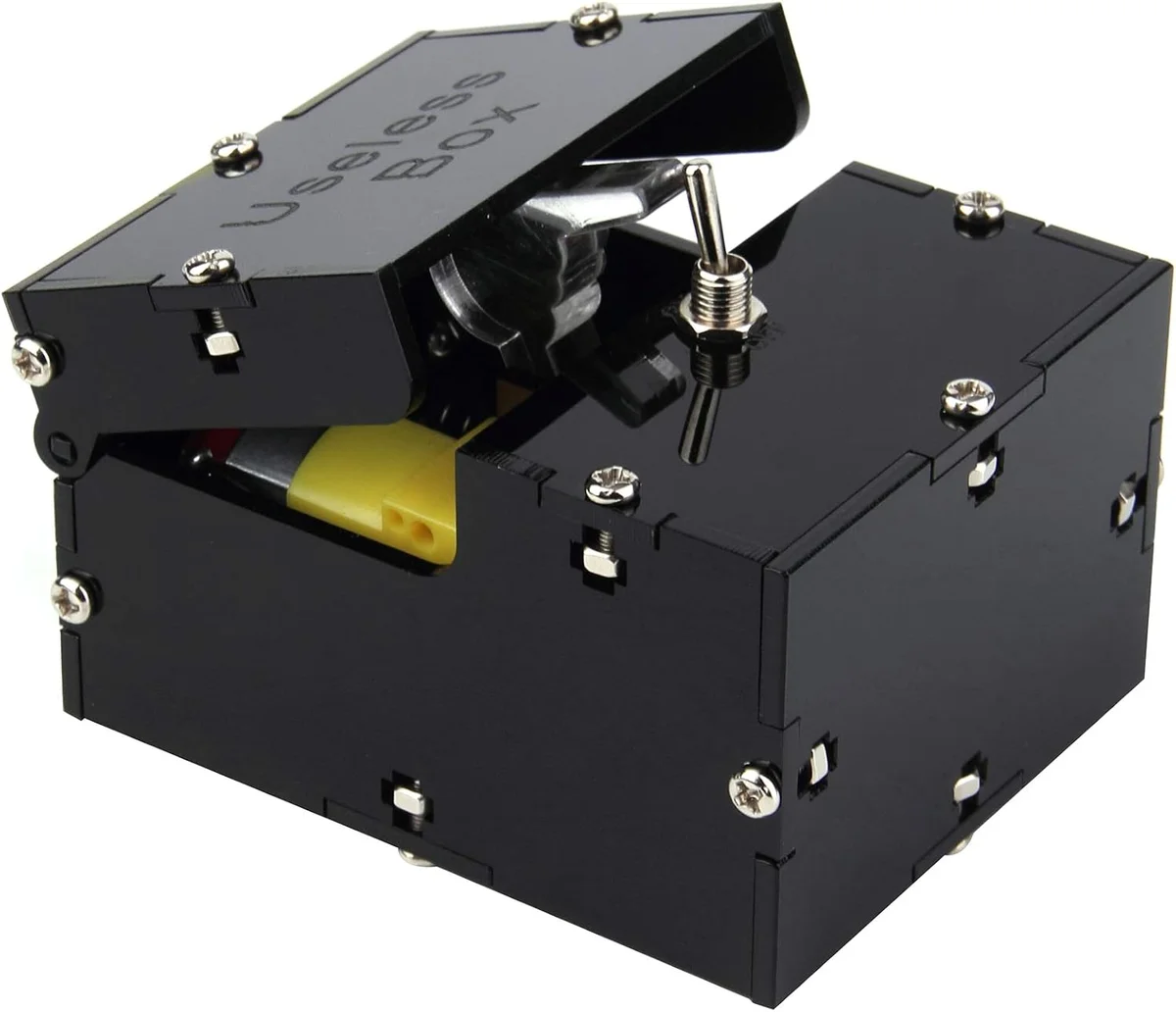Mini useless box with black finish and toggle switch, fully assembled