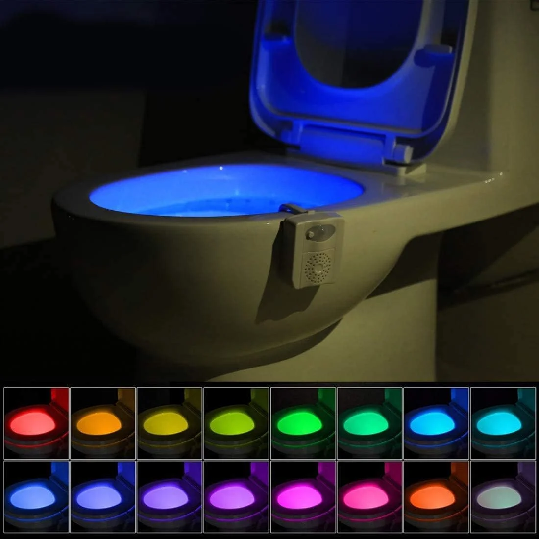 Motion-activated LED toilet bowl light glowing in various colors