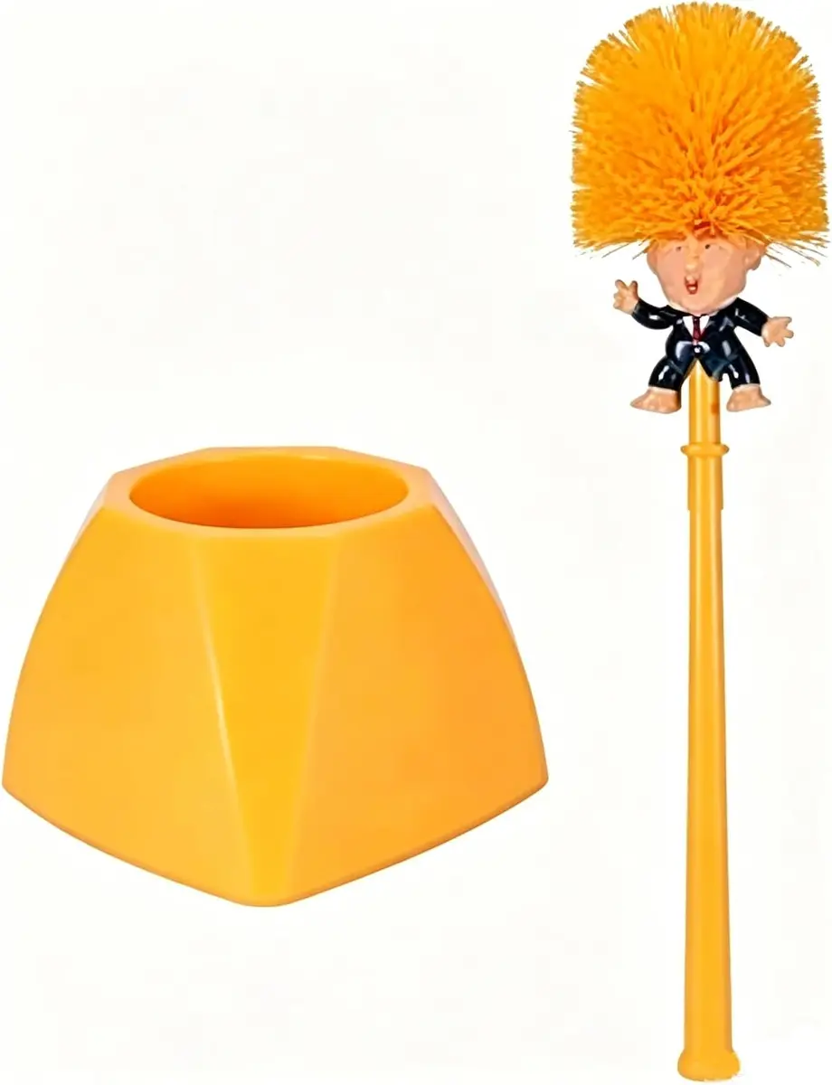 Novelty toilet brush with doll-shaped handle and holder
