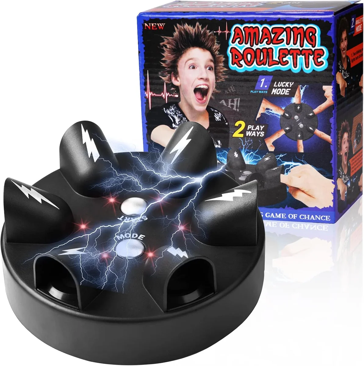 OSDUE Electric Shock Roulette novelty game, a small round black and red desktop device with four silver finger pads arranged around a central trigger button, marketed as a party truth-or-dare shock toy