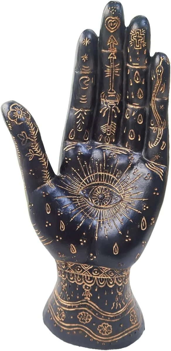 Black resin sculpture of a life-sized human hand mounted palm-out on a small base, its surface engraved with palmistry lines, mounts, and mystical symbols labeling life, head, heart, and fate lines for use as a palm reader's reference or occult decor piece