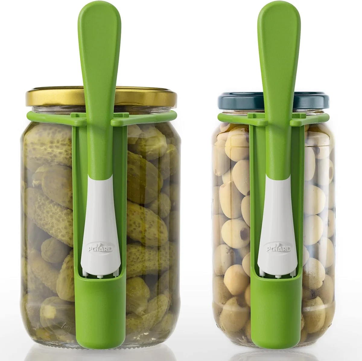 Set of two green-handled 304 stainless steel pickle grabber tools with long shafts and small three-prong claw ends, designed for reaching into tall pickle and olive jars to retrieve items without dunking your fingers into the brine