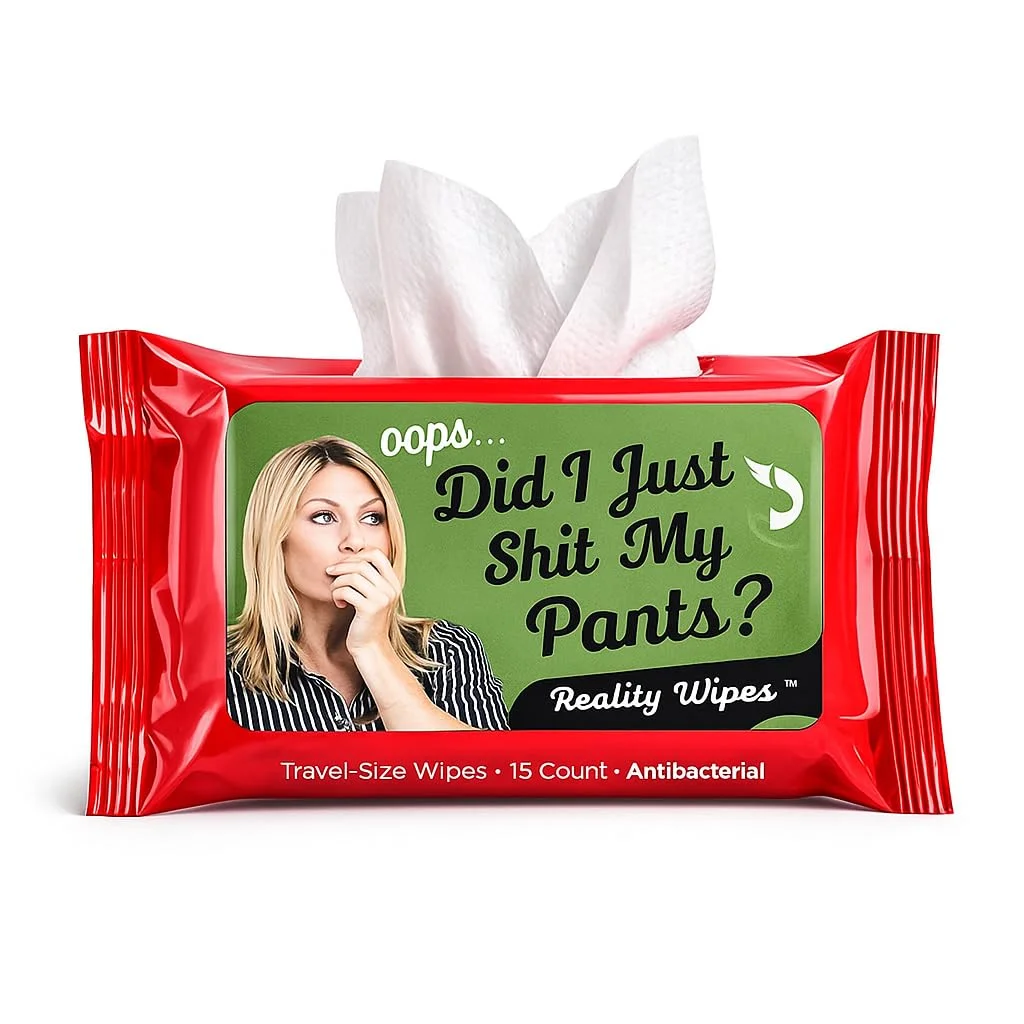 Package of novelty wet wipes with poop joke branding