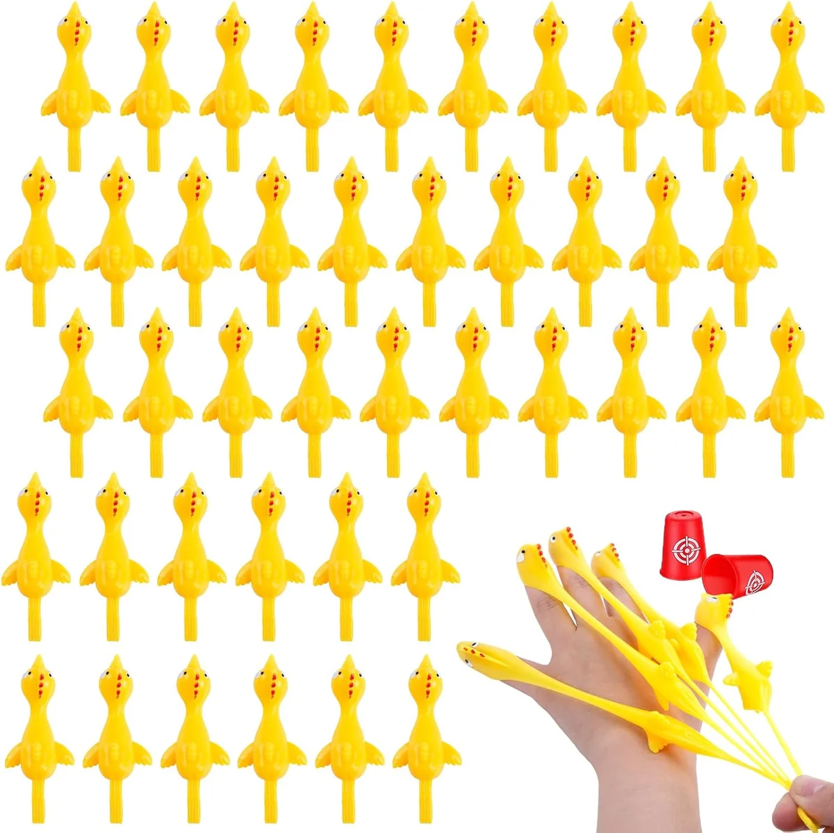 Assortment of forty-two small rubber chicken slingshot toys in bright colors, each a stretchy sticky chicken figure with elastic loops used to launch it across a room, packaged as classroom prizes and party favor goodie-bag stuffers