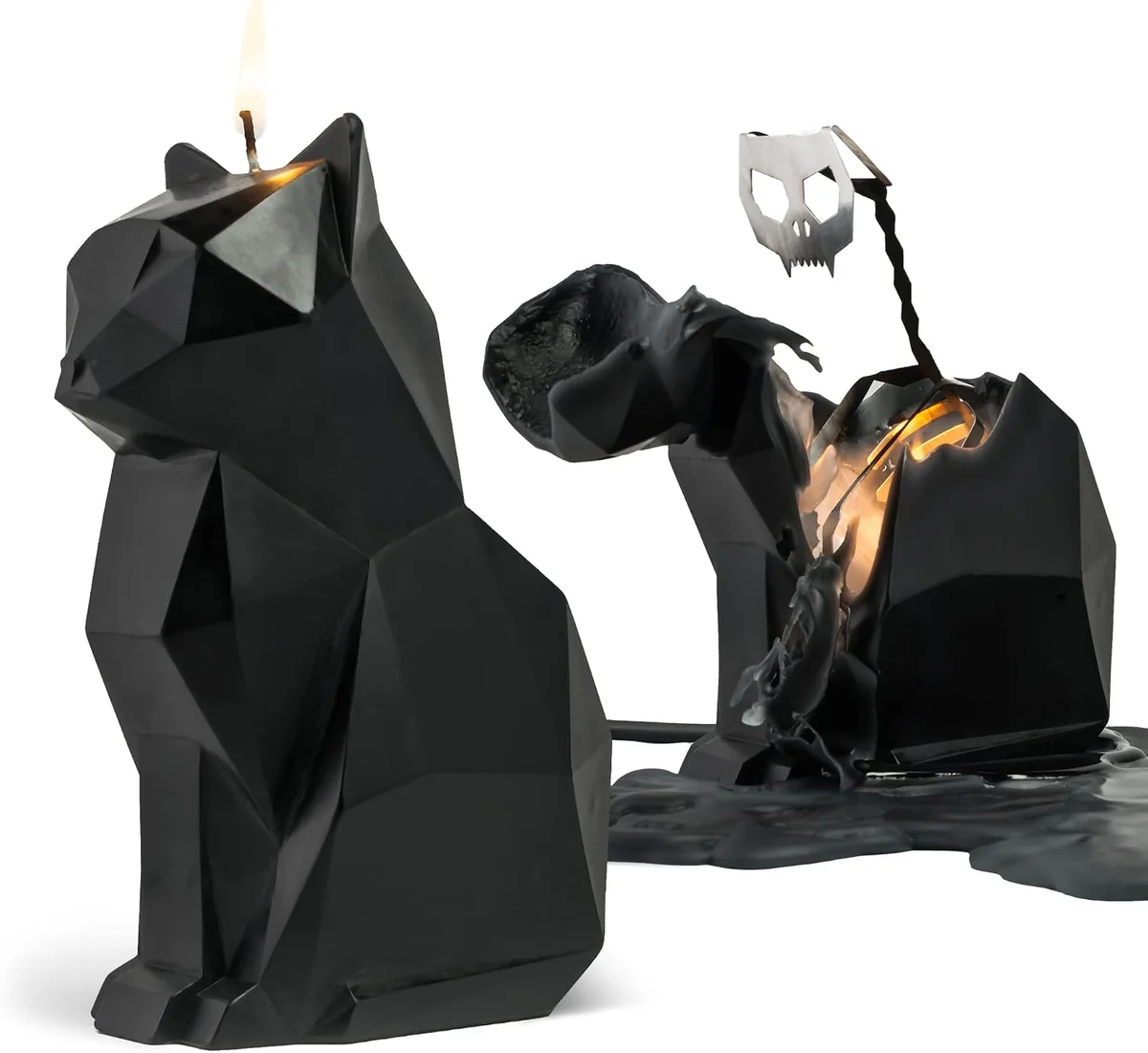 Pyropet Kisa cat-shaped candle showing skeleton inside as it melts